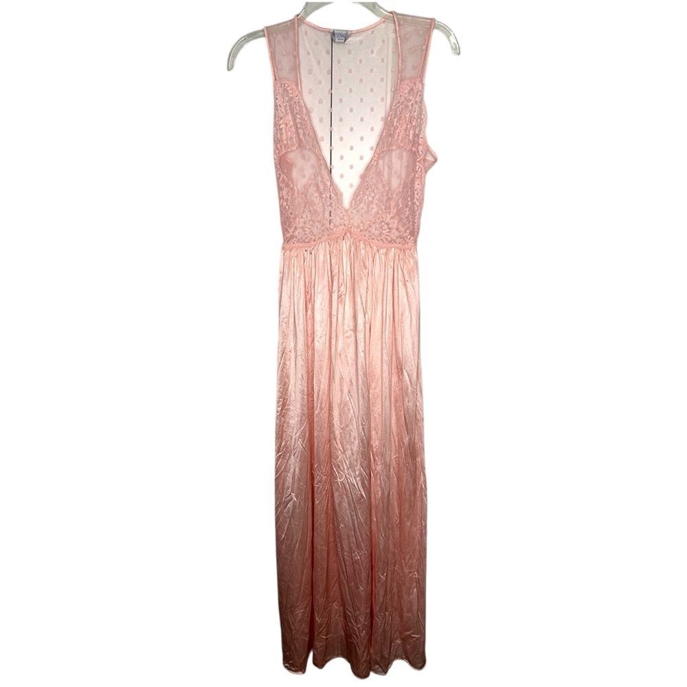 Vintage Lilly of France Pink Lace Sheer Bodice Nightgown Long Lingerie Medium - Picture 2 of 7